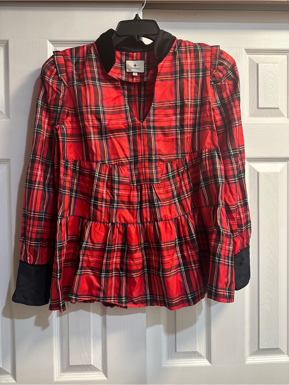 Tuckernuck Red Plaid Tiered Tunic with Black Collar & Cuffs